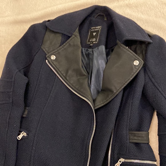 GUESS Navy & Black Wool Trench Coat with faux Leather & Zipper Detail - Picture 2 of 10